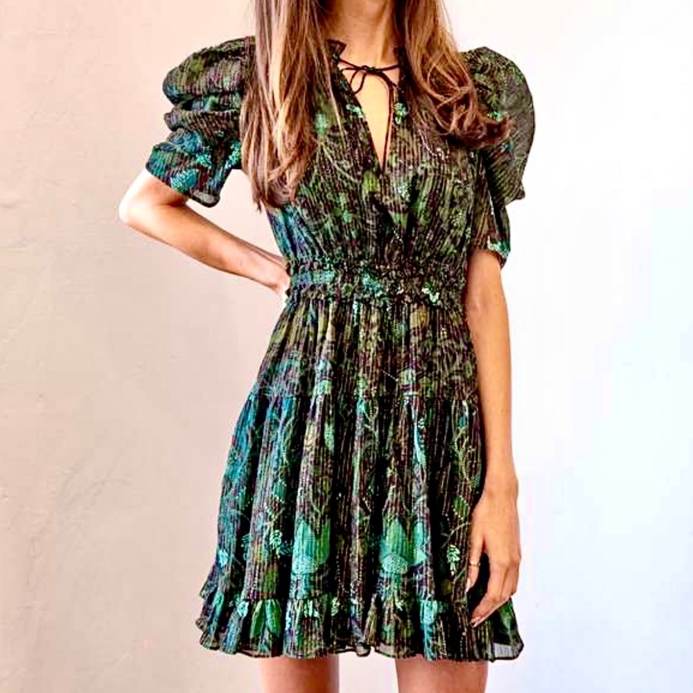 🌺🎉HP🎉🌺 NWT Ulla Johnson Ada Chiffon Mini Dress Rainforest - Picture 6 of 16